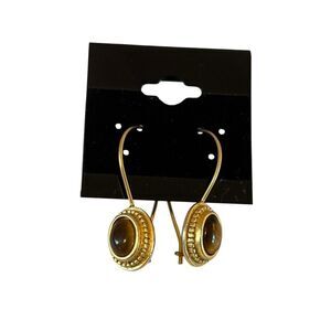Elegant Vintage Stamped Antiqued Gold Tone Tigers Eye Drop Earrings.